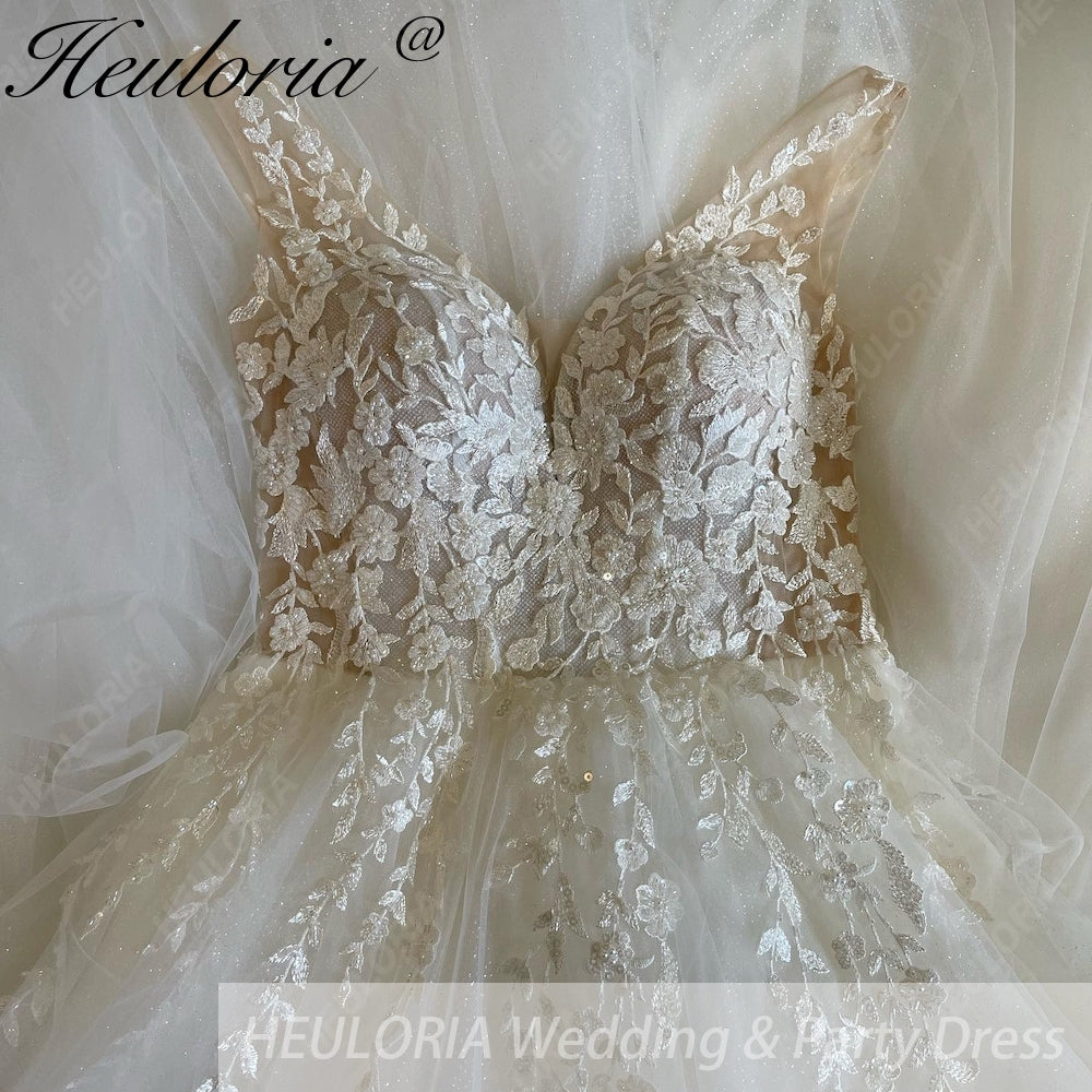 HEULORIA A line Wedding Dress V Neck Sleeveless Boho Lace Appliques Tulle Long Bridal Gowns Backless Vestidos de Novia Customized AL-1087