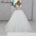 HEULORIA A line Wedding Dress V Neck Sleeveless Boho Lace Appliques Tulle Long Bridal Gowns Backless Vestidos de Novia Customized AL-1087