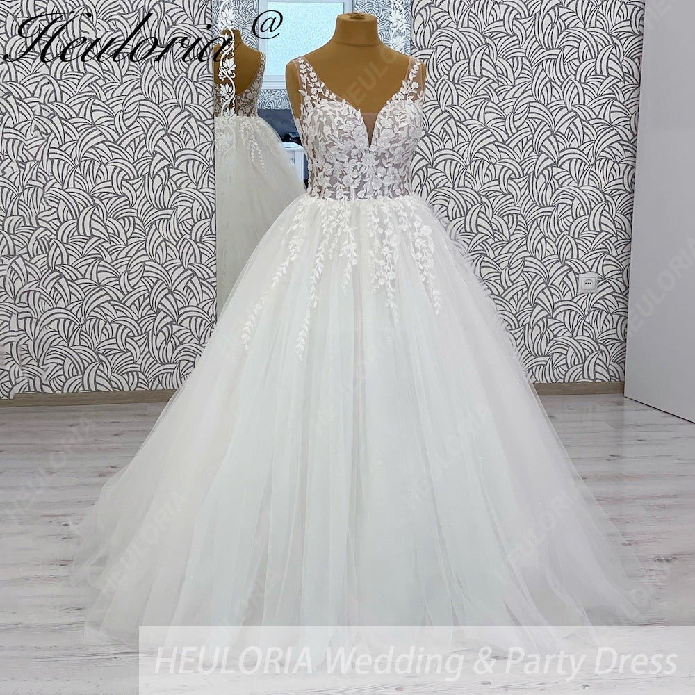 HEULORIA A line Wedding Dress V Neck Sleeveless Boho Lace Appliques Tulle Long Bridal Gowns Backless Vestidos de Novia Customized AL-1087