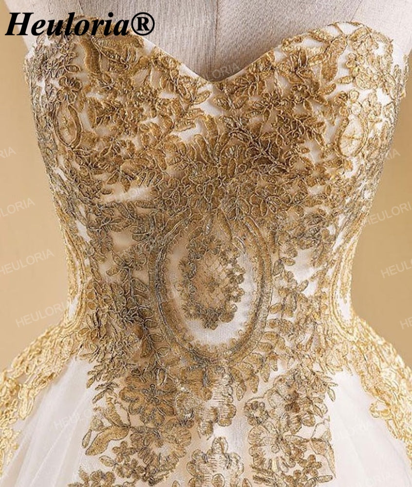 Luxury Gold Embroidered Sweetheart Ball Gown Wedding Dress with Cathedral Train BA-244