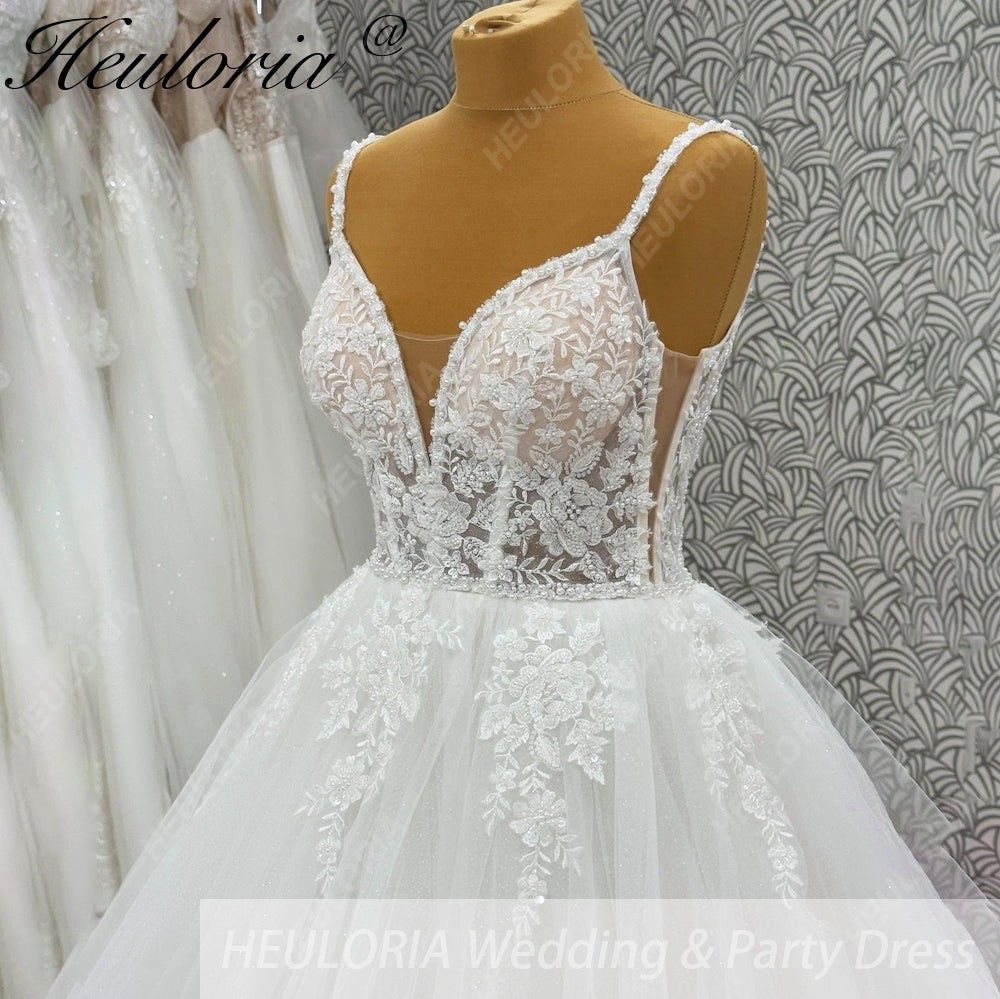 HEULORIA Ethereal Floral Lace A-Line Wedding Dress - Plunging V-Neck with Beaded Spaghetti Straps AL-1069