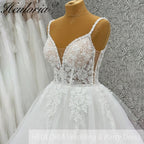 HEULORIA Ethereal Floral Lace A-Line Wedding Dress - Plunging V-Neck with Beaded Spaghetti Straps AL-1069