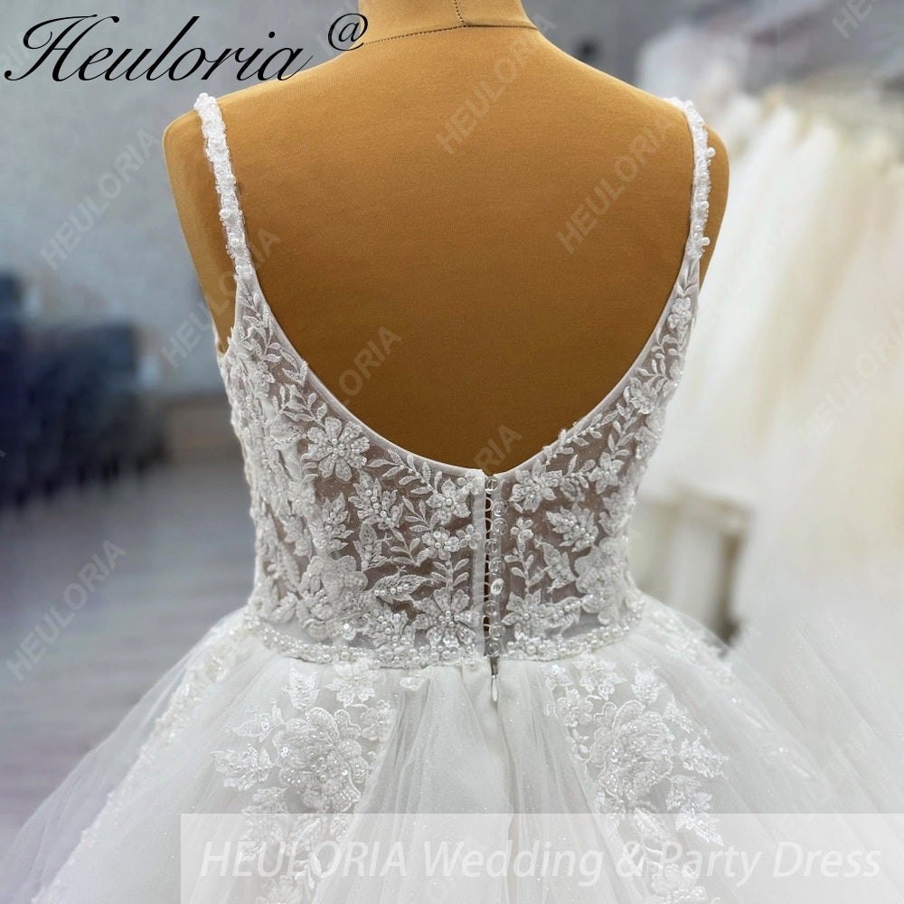 HEULORIA Ethereal Floral Lace A-Line Wedding Dress - Plunging V-Neck with Beaded Spaghetti Straps AL-1069