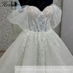 HEULORIA Sparkly Off-the-Shoulder Puff Sleeve Wedding Dress – Shimmering Lace Sweetheart Ball Gown BA-1076