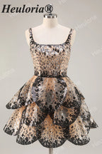 HEULORIA Chic Tiered Sequin Animal Print Mini Cocktail Dress – Glam Party Gown ED-588