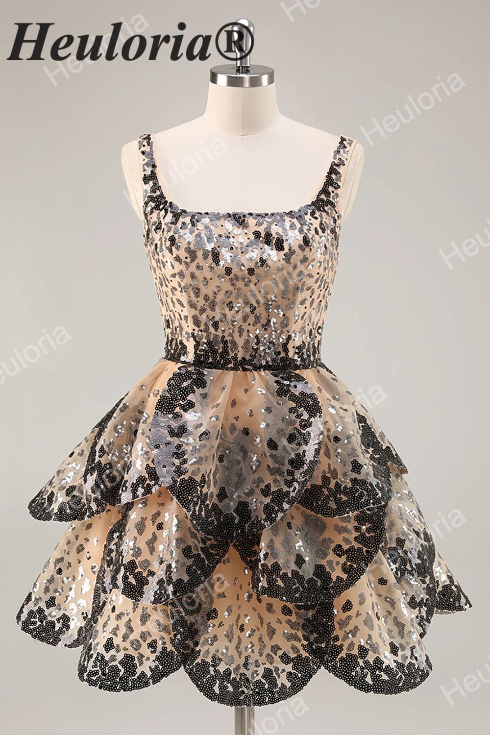 HEULORIA Chic Tiered Sequin Animal Print Mini Cocktail Dress – Glam Party Gown ED-588
