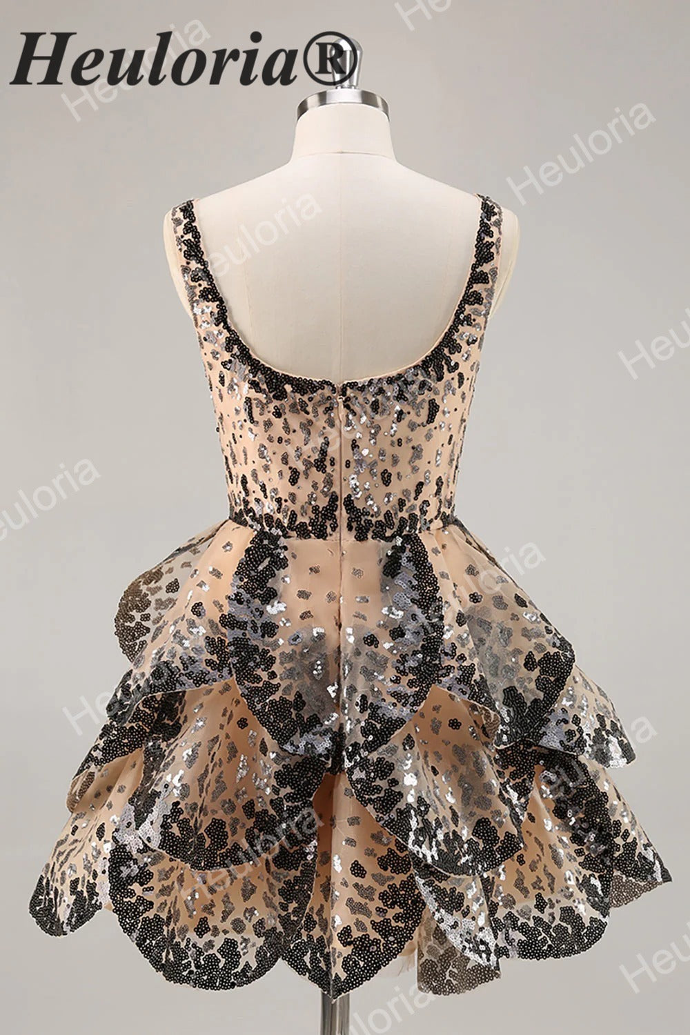 HEULORIA Chic Tiered Sequin Animal Print Mini Cocktail Dress – Glam Party Gown ED-588