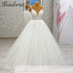 HEULORIA Ethereal Floral Lace A-Line Wedding Dress - Plunging V-Neck with Beaded Spaghetti Straps AL-1069