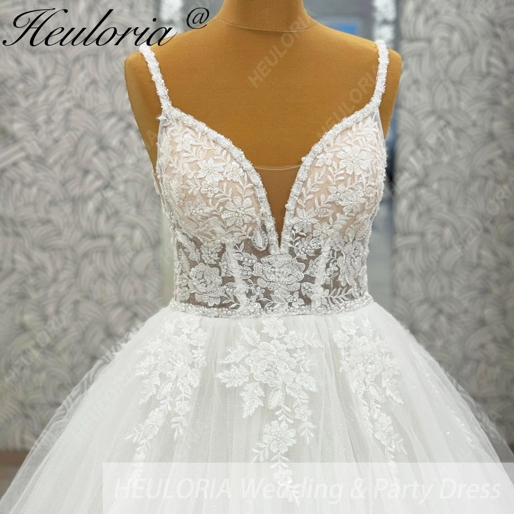 HEULORIA Ethereal Floral Lace A-Line Wedding Dress - Plunging V-Neck with Beaded Spaghetti Straps AL-1069
