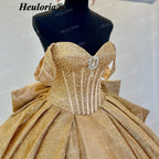 HEULORIA Luxury Gold Off-the-Shoulder Quinceañera Ball Gown with Crystal Corset & Back Bow BA-45