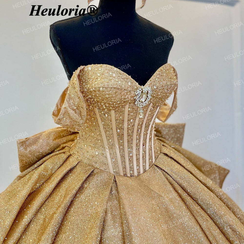 HEULORIA Luxury Gold Off-the-Shoulder Quinceañera Ball Gown with Crystal Corset & Back Bow BA-45