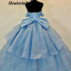 HEULORIA Cinderella Light Blue Glitter Ball Gown Quinceañera Dress with Off-Shoulder Bodice & Dramatic Bow BA-42