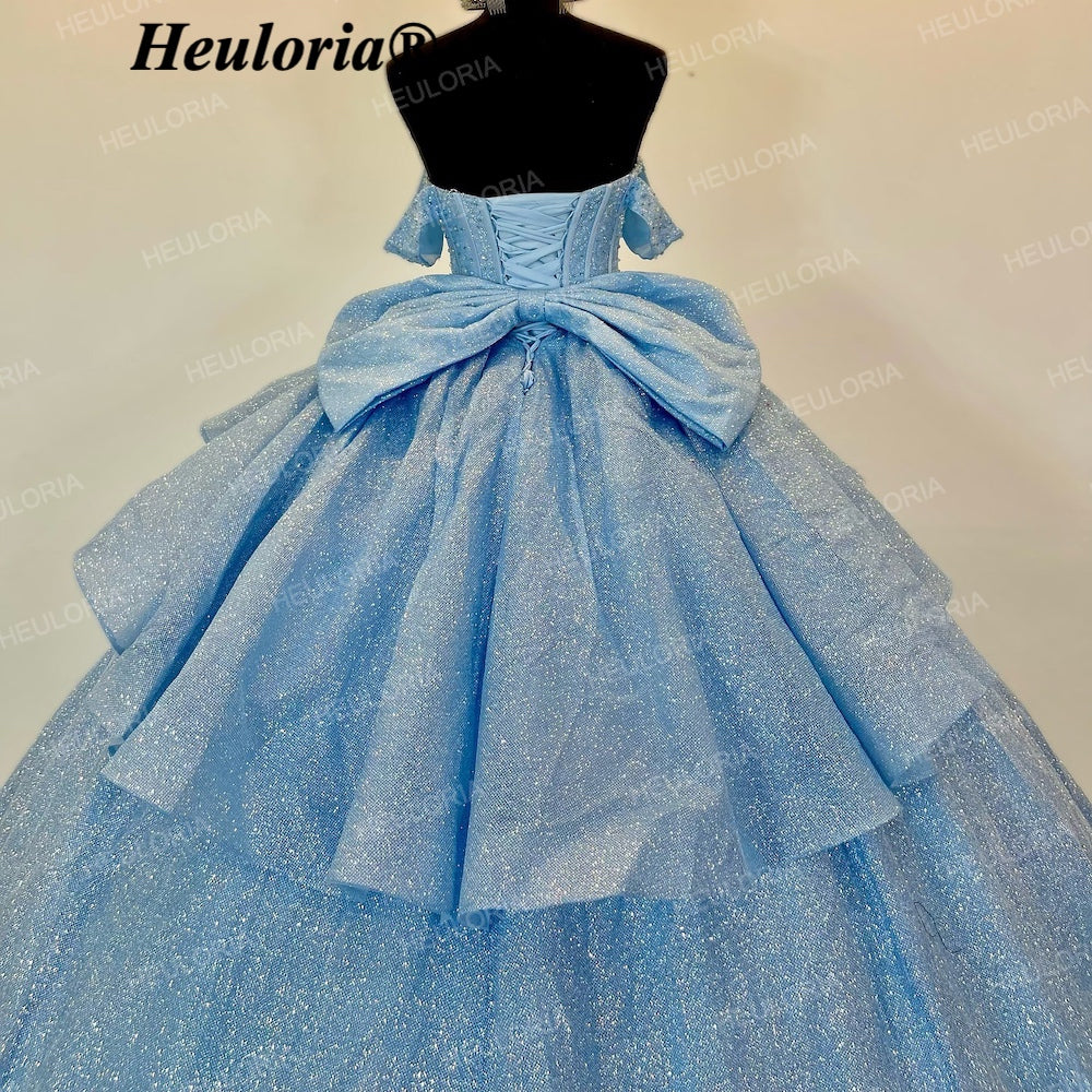 HEULORIA Cinderella Light Blue Glitter Ball Gown Quinceañera Dress with Off-Shoulder Bodice & Dramatic Bow BA-42