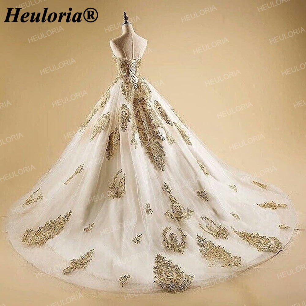 Luxury Gold Embroidered Sweetheart Ball Gown Wedding Dress with Cathedral Train BA-244
