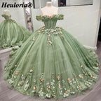 Sage Green 3D Floral Off-Shoulder Quinceañera Ball Gown with Corset Back BA-47