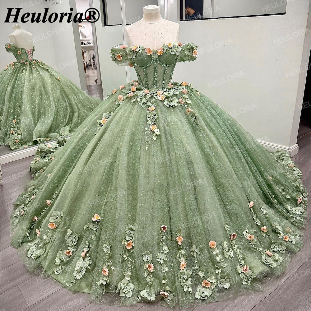Sage Green 3D Floral Off-Shoulder Quinceañera Ball Gown with Corset Back BA-47