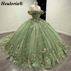 Sage Green 3D Floral Off-Shoulder Quinceañera Ball Gown with Corset Back BA-47