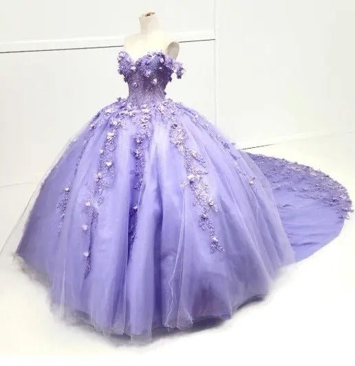 HEULORIA Ball-Gown/Princess Wedding Dress  off shoulder 3D floral lace tulle bride dress BA-1263