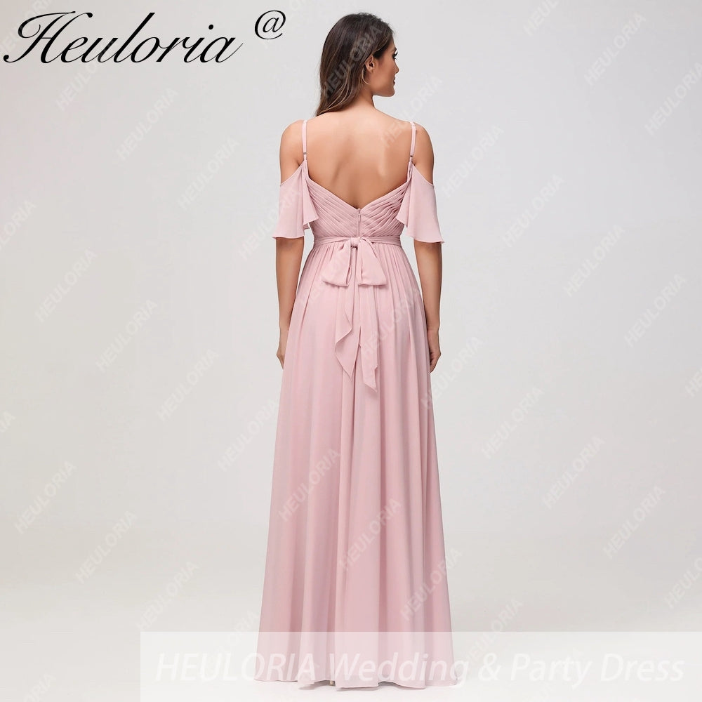 HEULORIA Elegant Cold-Shoulder V-Neck Pleated Bridesmaid Dress with Ruffle Sleeves & Side Slit ED-126 Imagen secundaria del producto