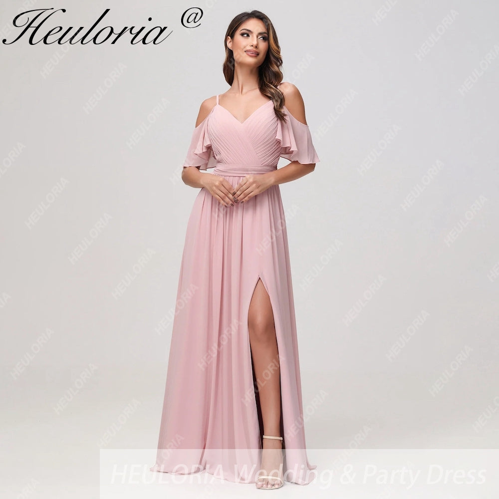 HEULORIA Long Bridemaid dress short sleeve sweetheart chiffon party dress formal dress ED-126