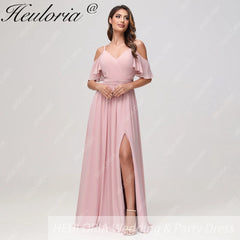HEULORIA Long Bridemaid dress short sleeve sweetheart chiffon party dress formal dress ED-126