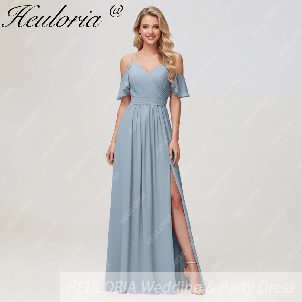 Cold Shoulder Ruffle Sleeve V-Neck Formal Dress with Slit Dusty Blue / Custom size Cold Shoulder Ruffle Sleeve V-Neck Formal Dress with Slit Dusty Blue / Custom size