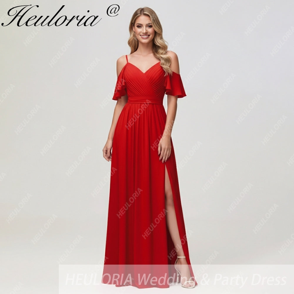 HEULORIA Long Bridemaid dress short sleeve sweetheart chiffon party dress formal dress ED-126