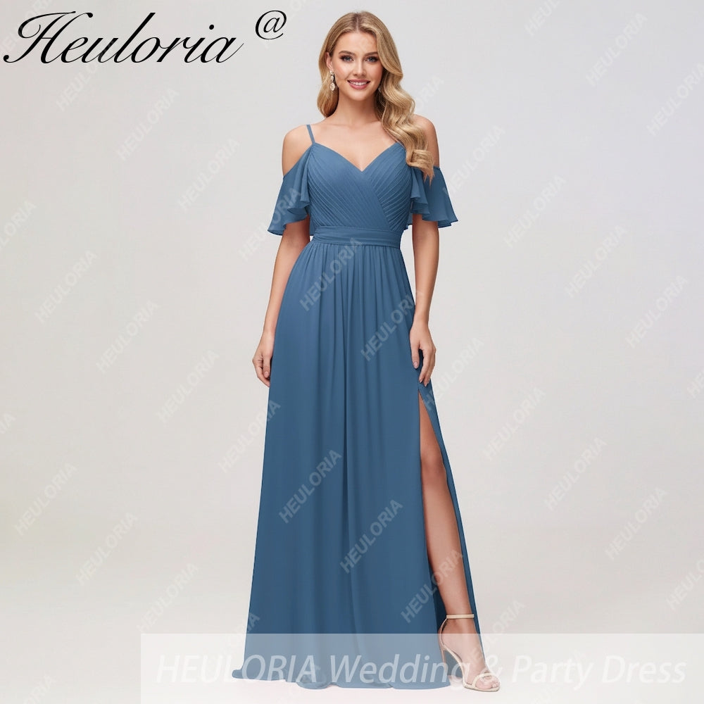 HEULORIA Long Bridemaid dress short sleeve sweetheart chiffon party dress formal dress ED-126