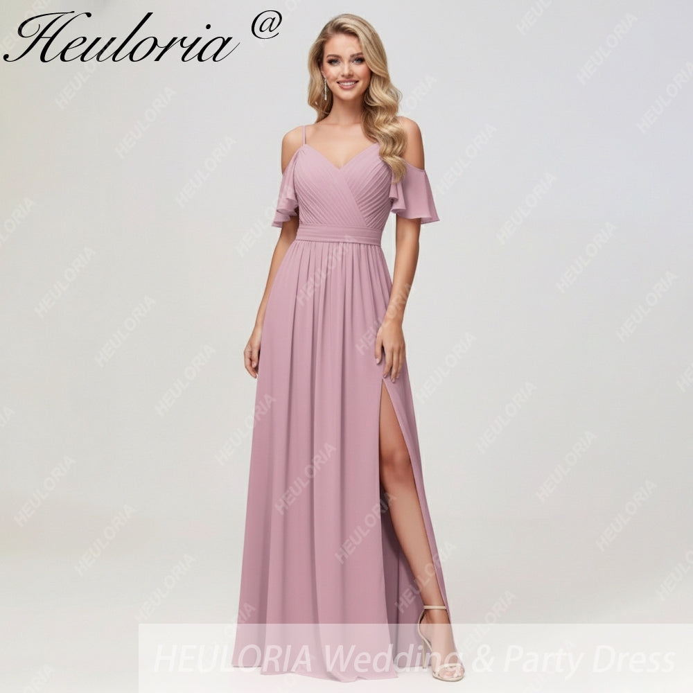 HEULORIA Long Bridemaid dress short sleeve sweetheart chiffon party dress formal dress ED-126