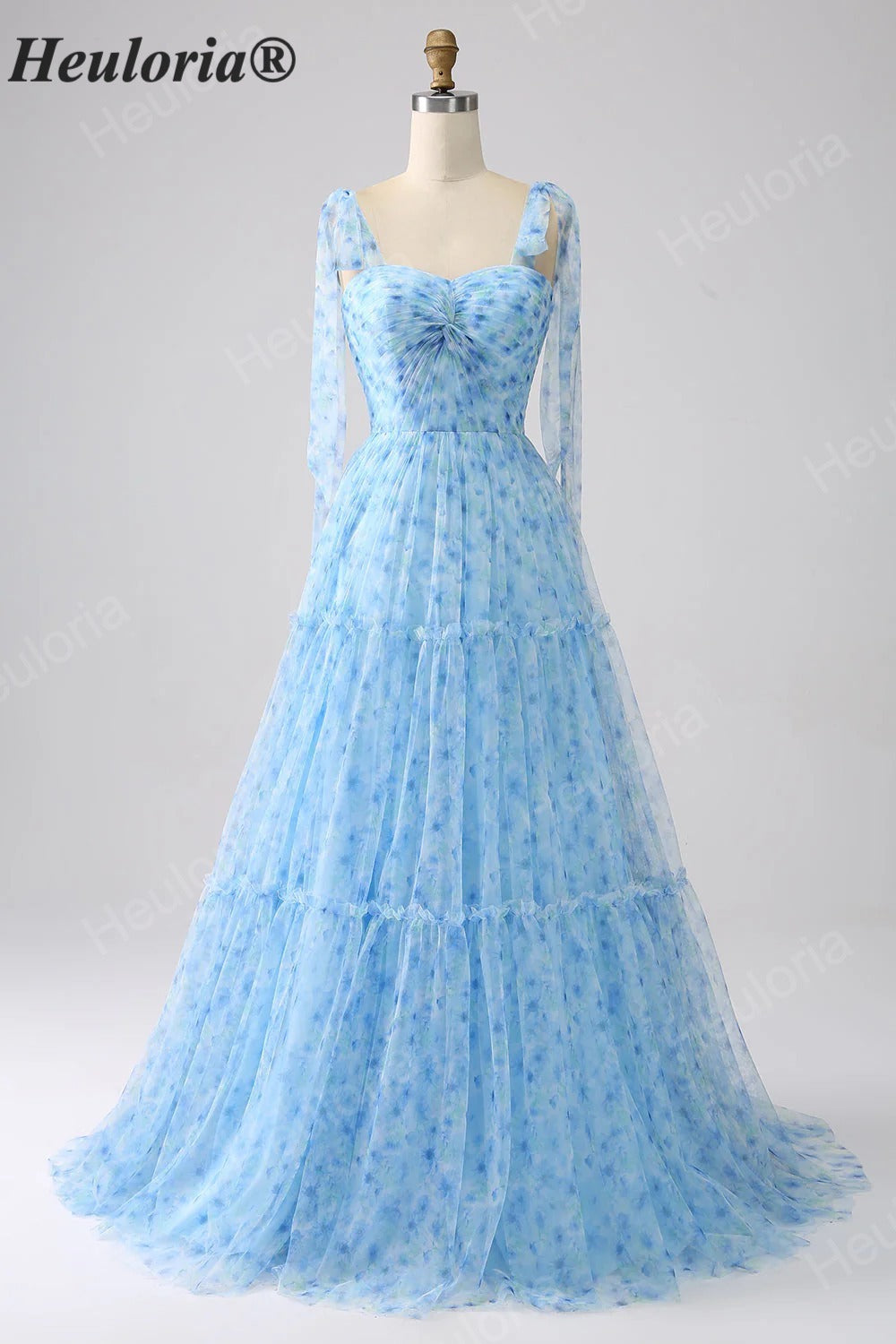 HEULORIA Ethereal Light Blue Floral Print Tiered Tulle Gown with Tie-Up Straps and Corset Back ED-659