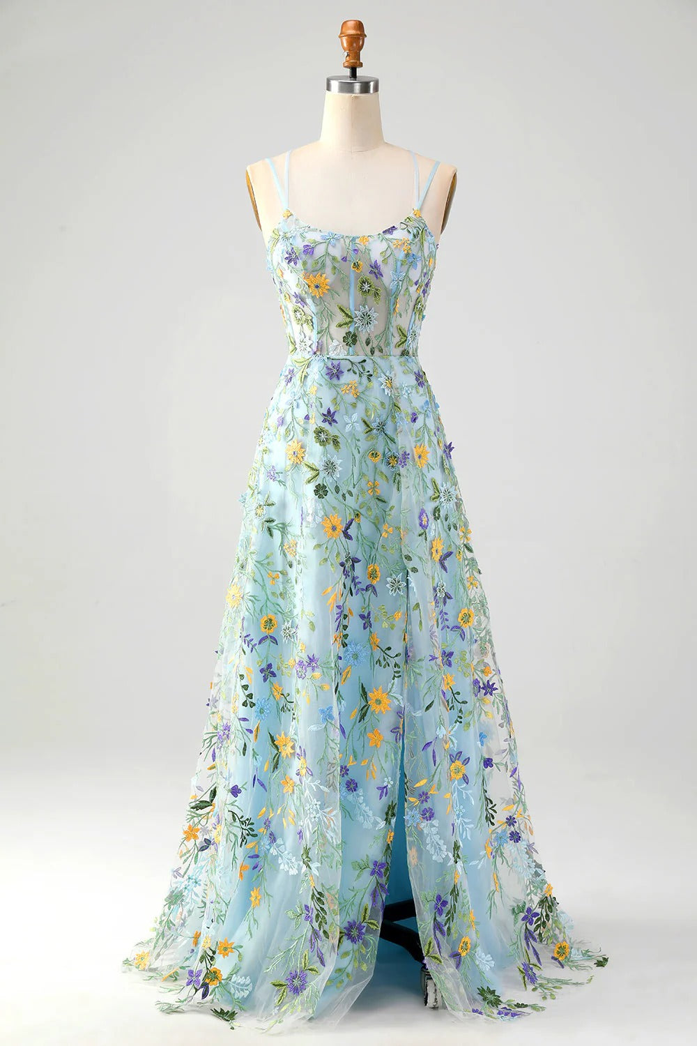 HEULORIA Enchanting Floral Embroidered Spaghetti Strap Prom Dress - Light Blue A-Line Gown with High Slit & Lace-up Back ED-591