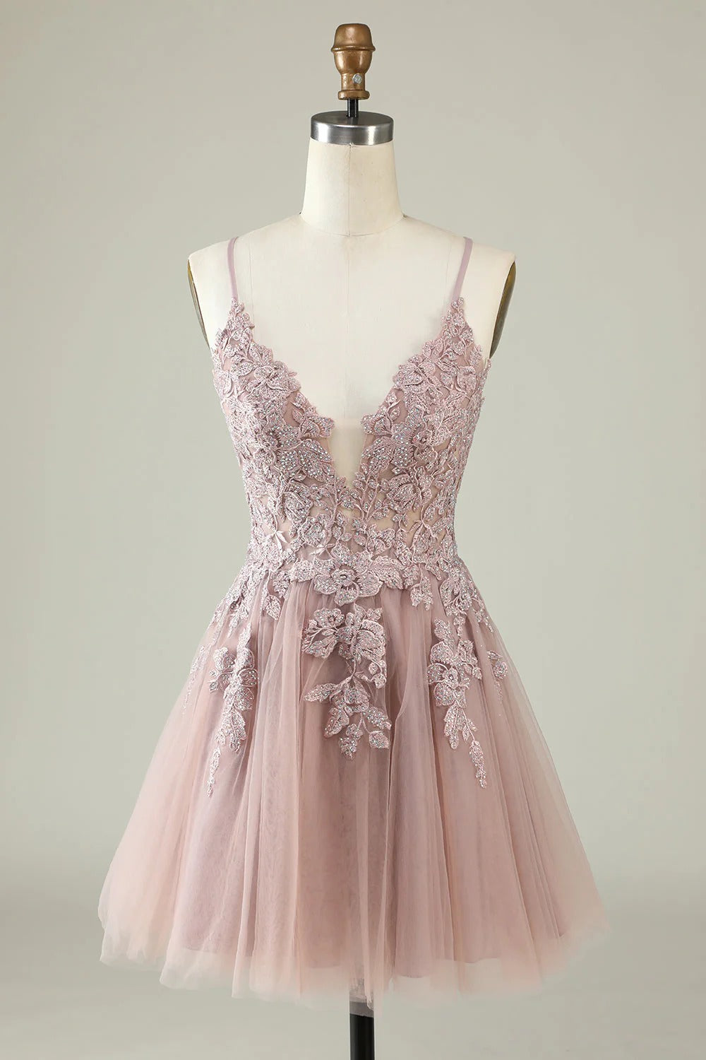HEULORIA Heuloria Short A-Line Tulle Homecoming Dress with Beaded Lace and Illusion V-Neck ED-343