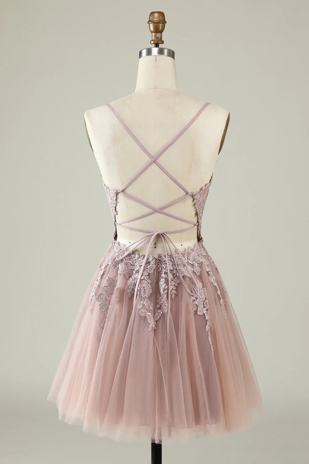 HEULORIA Heuloria Short A-Line Tulle Homecoming Dress with Beaded Lace and Illusion V-Neck ED-343