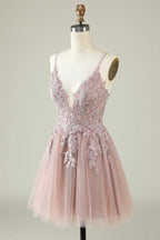 HEULORIA Heuloria Short A-Line Tulle Homecoming Dress with Beaded Lace and Illusion V-Neck ED-343