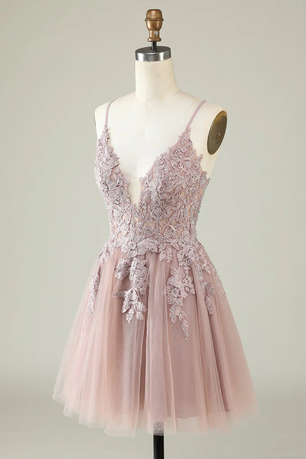 HEULORIA Heuloria Short A-Line Tulle Homecoming Dress with Beaded Lace and Illusion V-Neck ED-343