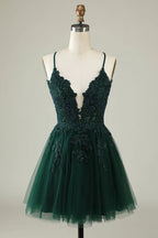 HEULORIA Heuloria Short A-Line Tulle Homecoming Dress with Beaded Lace and Illusion V-Neck ED-343