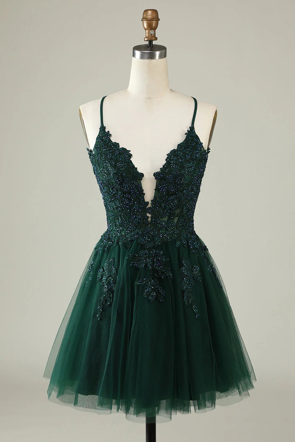 HEULORIA Heuloria Short A-Line Tulle Homecoming Dress with Beaded Lace and Illusion V-Neck ED-343