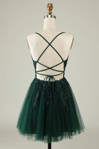HEULORIA Heuloria Short A-Line Tulle Homecoming Dress with Beaded Lace and Illusion V-Neck ED-343