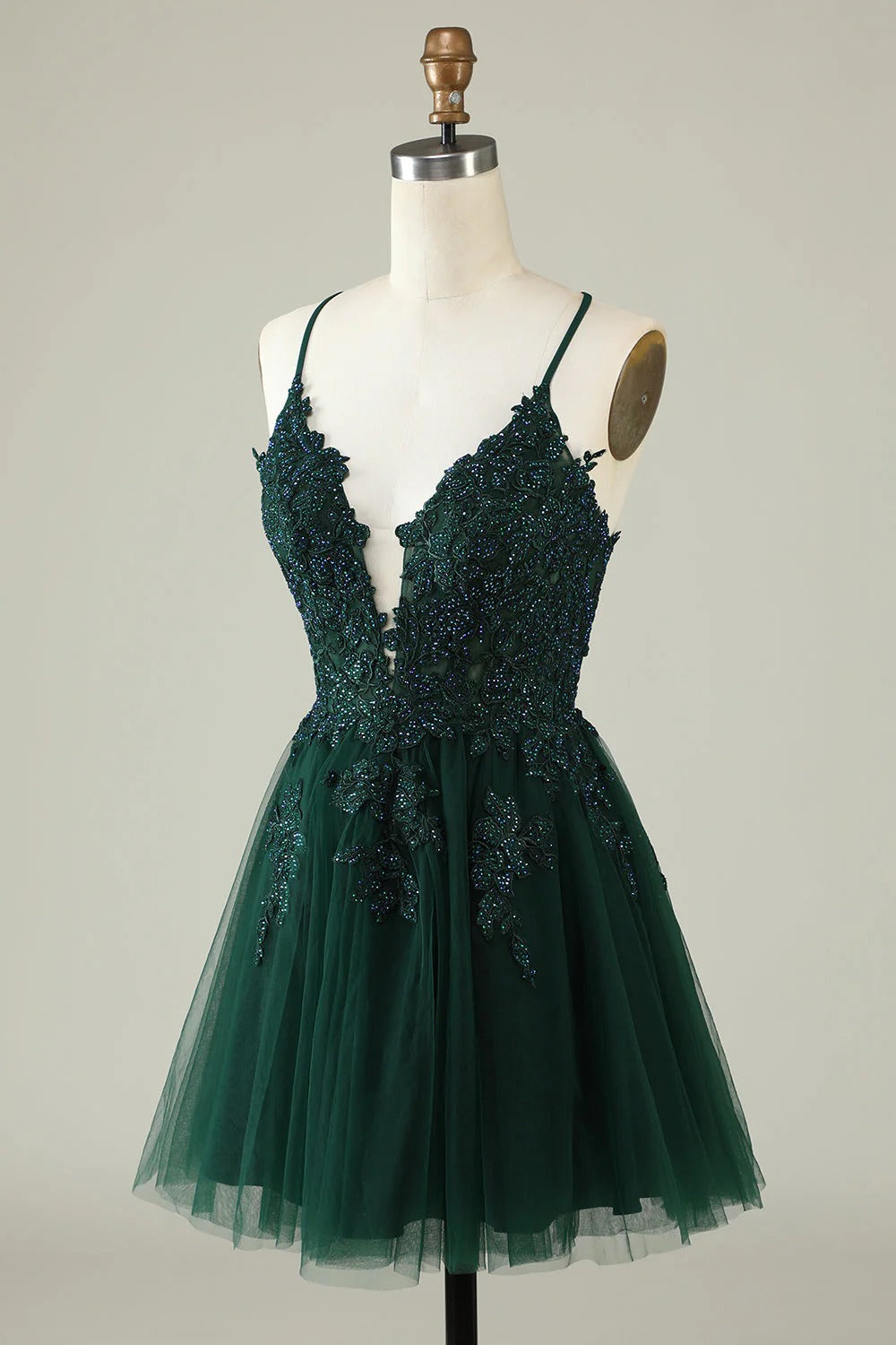 HEULORIA Heuloria Short A-Line Tulle Homecoming Dress with Beaded Lace and Illusion V-Neck ED-343