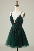 HEULORIA Heuloria Short A-Line Tulle Homecoming Dress with Beaded Lace and Illusion V-Neck ED-343