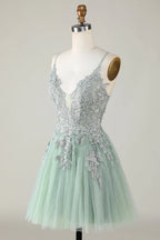 HEULORIA Heuloria Short A-Line Tulle Homecoming Dress with Beaded Lace and Illusion V-Neck ED-343