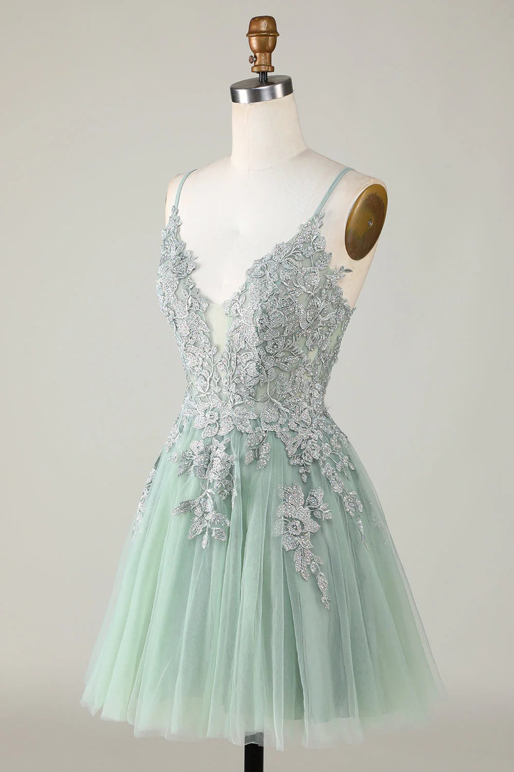 HEULORIA Heuloria Short A-Line Tulle Homecoming Dress with Beaded Lace and Illusion V-Neck ED-343