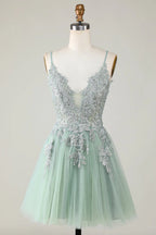 HEULORIA Heuloria Short A-Line Tulle Homecoming Dress with Beaded Lace and Illusion V-Neck ED-343