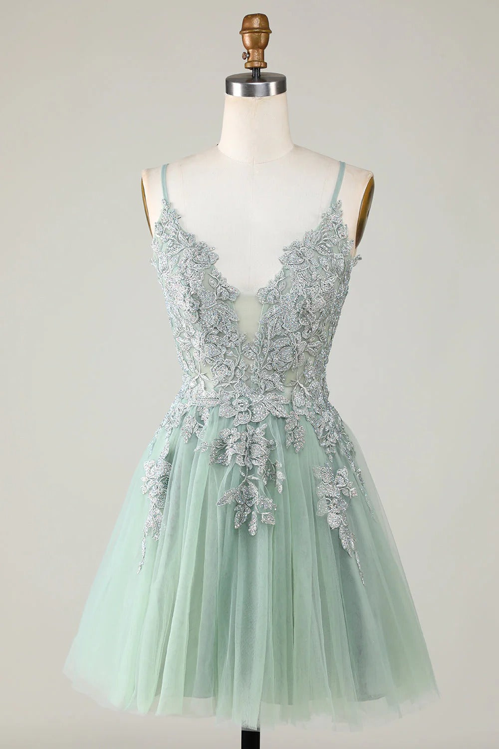 HEULORIA Heuloria Short A-Line Tulle Homecoming Dress with Beaded Lace and Illusion V-Neck ED-343