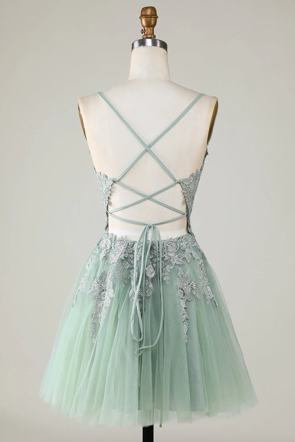 HEULORIA Heuloria Short A-Line Tulle Homecoming Dress with Beaded Lace and Illusion V-Neck ED-343