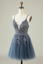 HEULORIA Heuloria Short A-Line Tulle Homecoming Dress with Beaded Lace and Illusion V-Neck ED-343