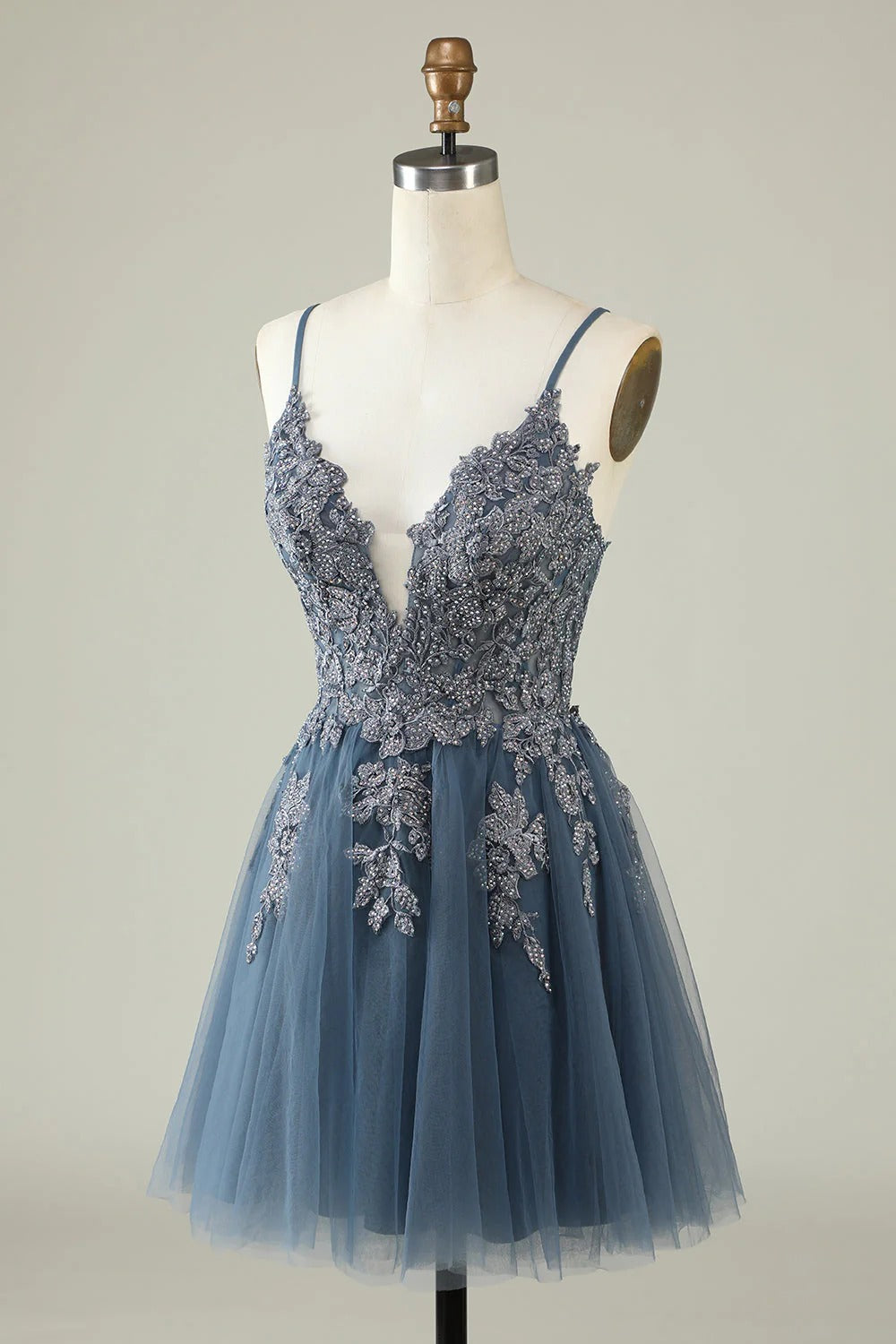 HEULORIA Heuloria Short A-Line Tulle Homecoming Dress with Beaded Lace and Illusion V-Neck ED-343