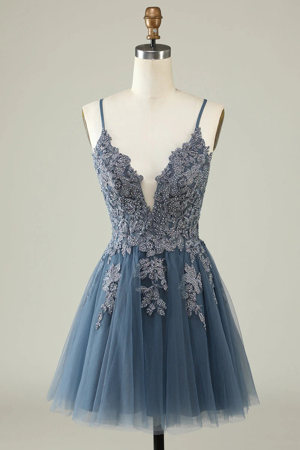 HEULORIA Heuloria Short A-Line Tulle Homecoming Dress with Beaded Lace and Illusion V-Neck ED-343