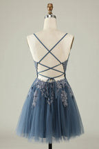 HEULORIA Heuloria Short A-Line Tulle Homecoming Dress with Beaded Lace and Illusion V-Neck ED-343