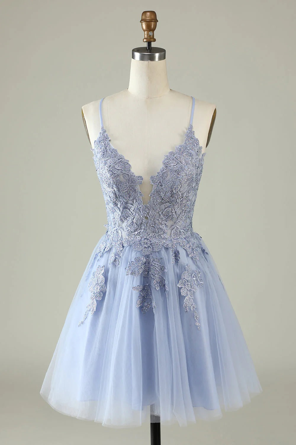 HEULORIA Heuloria Short A-Line Tulle Homecoming Dress with Beaded Lace and Illusion V-Neck ED-343